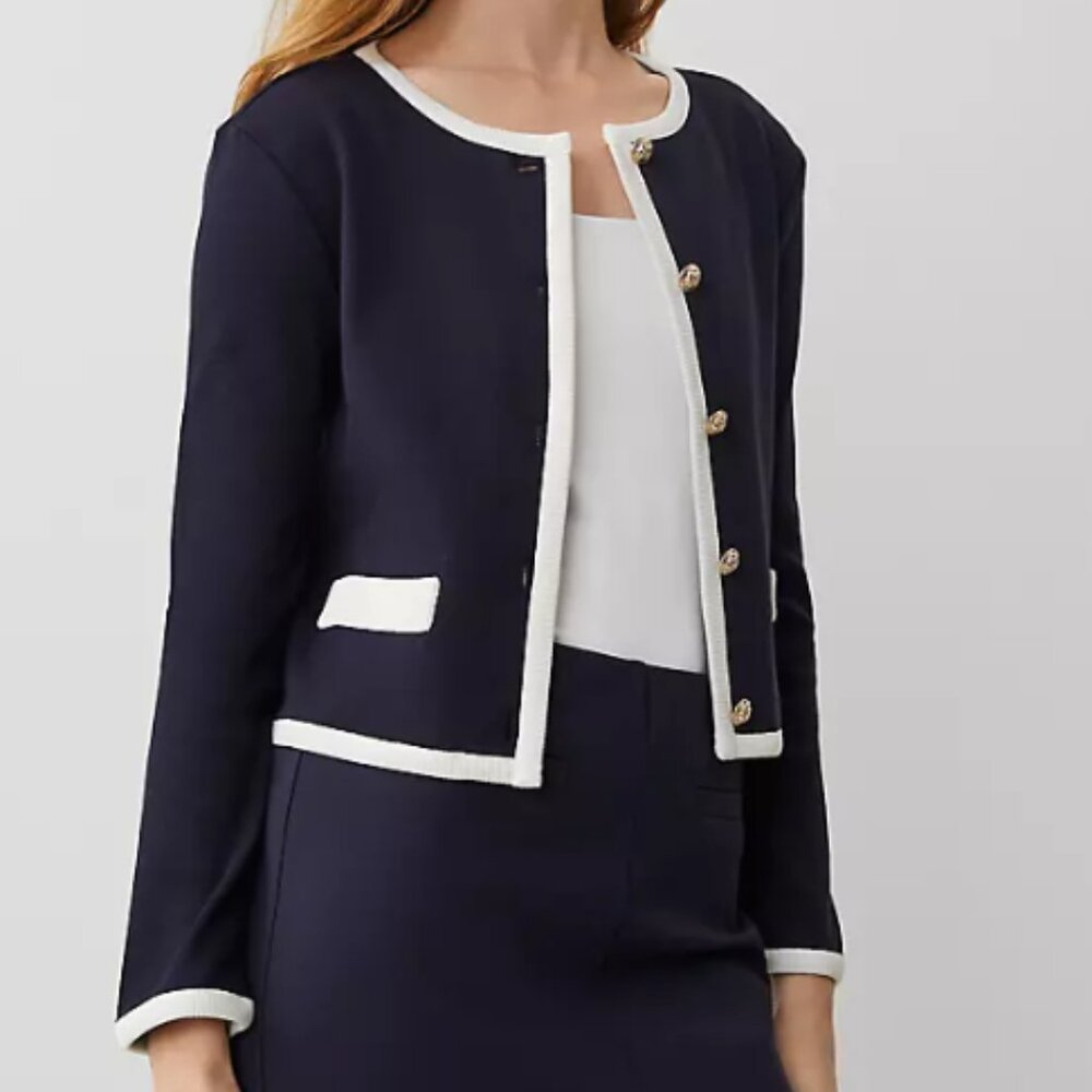 NWT Ann Taylor Navy Lady Jacket White Trim Cardigan